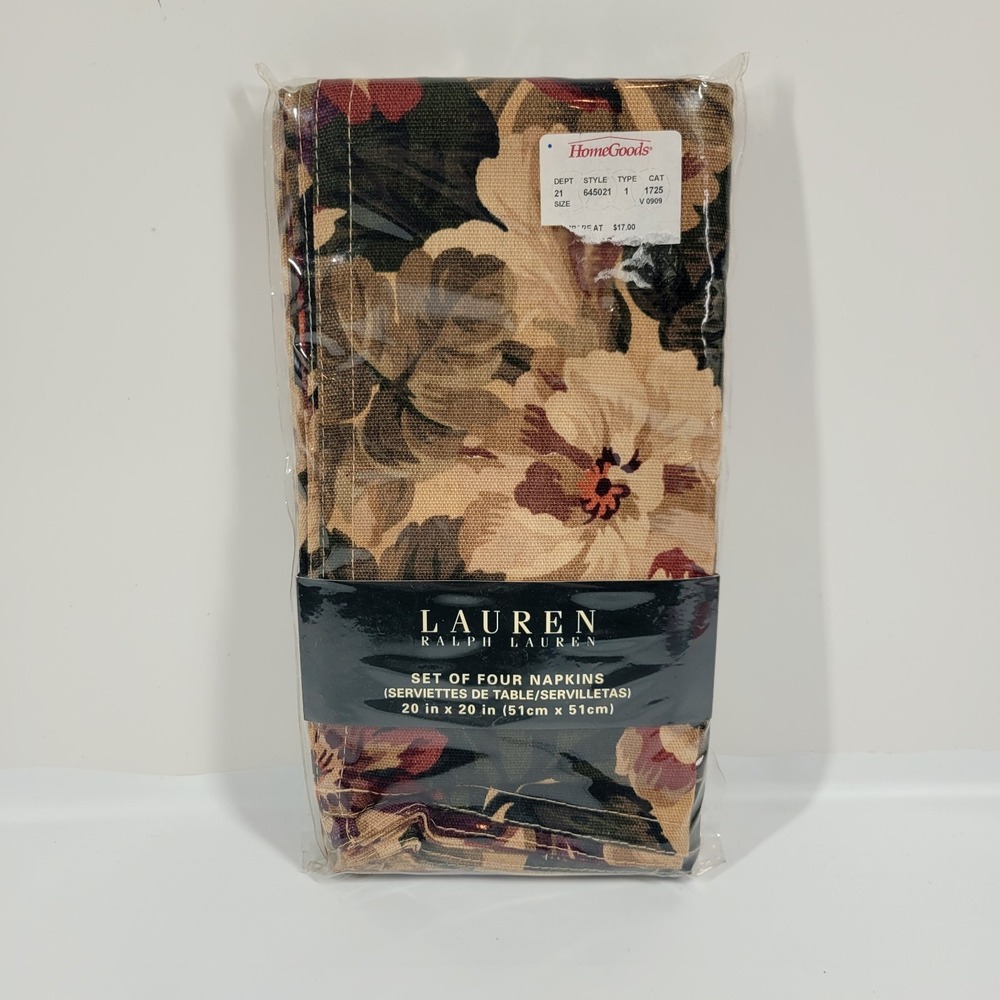 New Ralph Lauren Floral Cloth Napkins Set Of Four Burgundy Green 20x20 Cliffwood